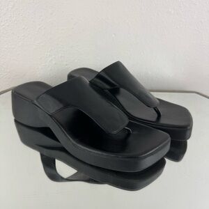 FADED GLORY Y2K 90s Black Faux Leather Square Toe Platform Flip Flop Sandals